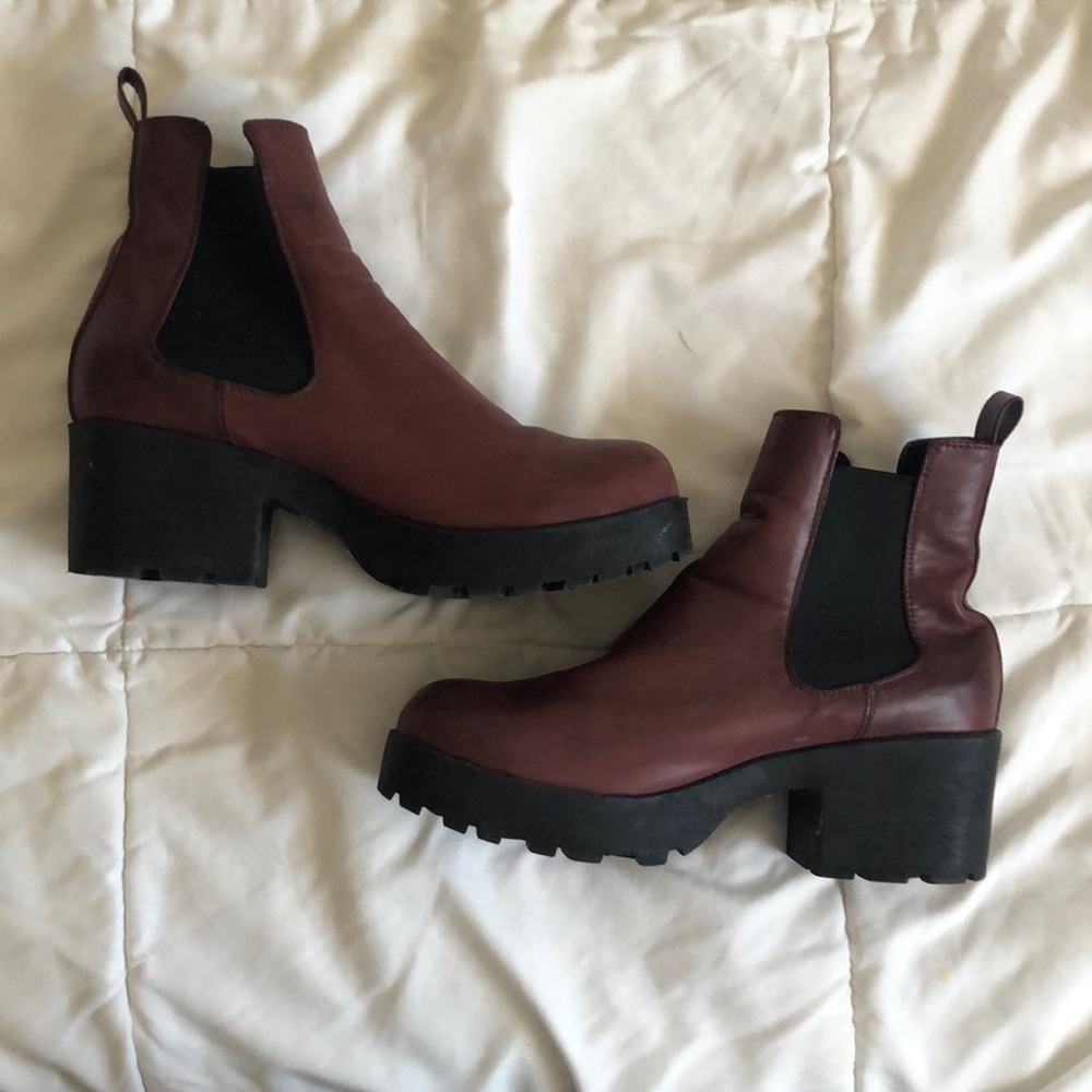 maroon chunky heel boots